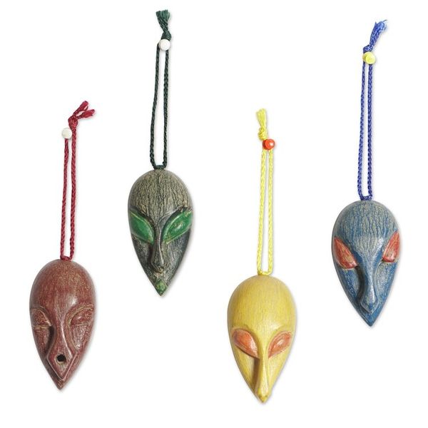 Alternate image for Set of 4 African Mask Ornaments Handcrafted from Ofram Wood Asomdwe Nsem