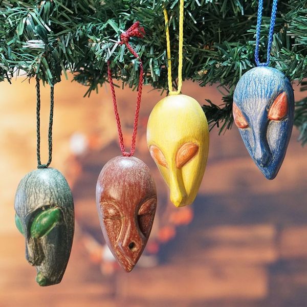 Alternate image for Set of 4 African Mask Ornaments Handcrafted from Ofram Wood Asomdwe Nsem