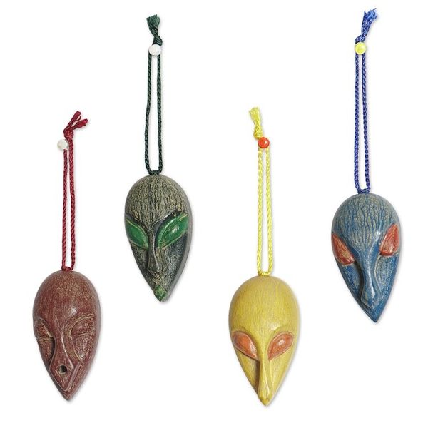 Alternate image for Set of 4 African Mask Ornaments Handcrafted from Ofram Wood Asomdwe Nsem
