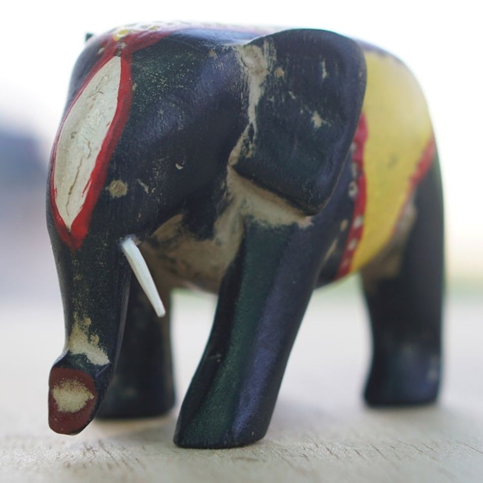 Hand-Painted Red and Yellow Elephant Sese Wood Figurine 'Culture Elephant III'