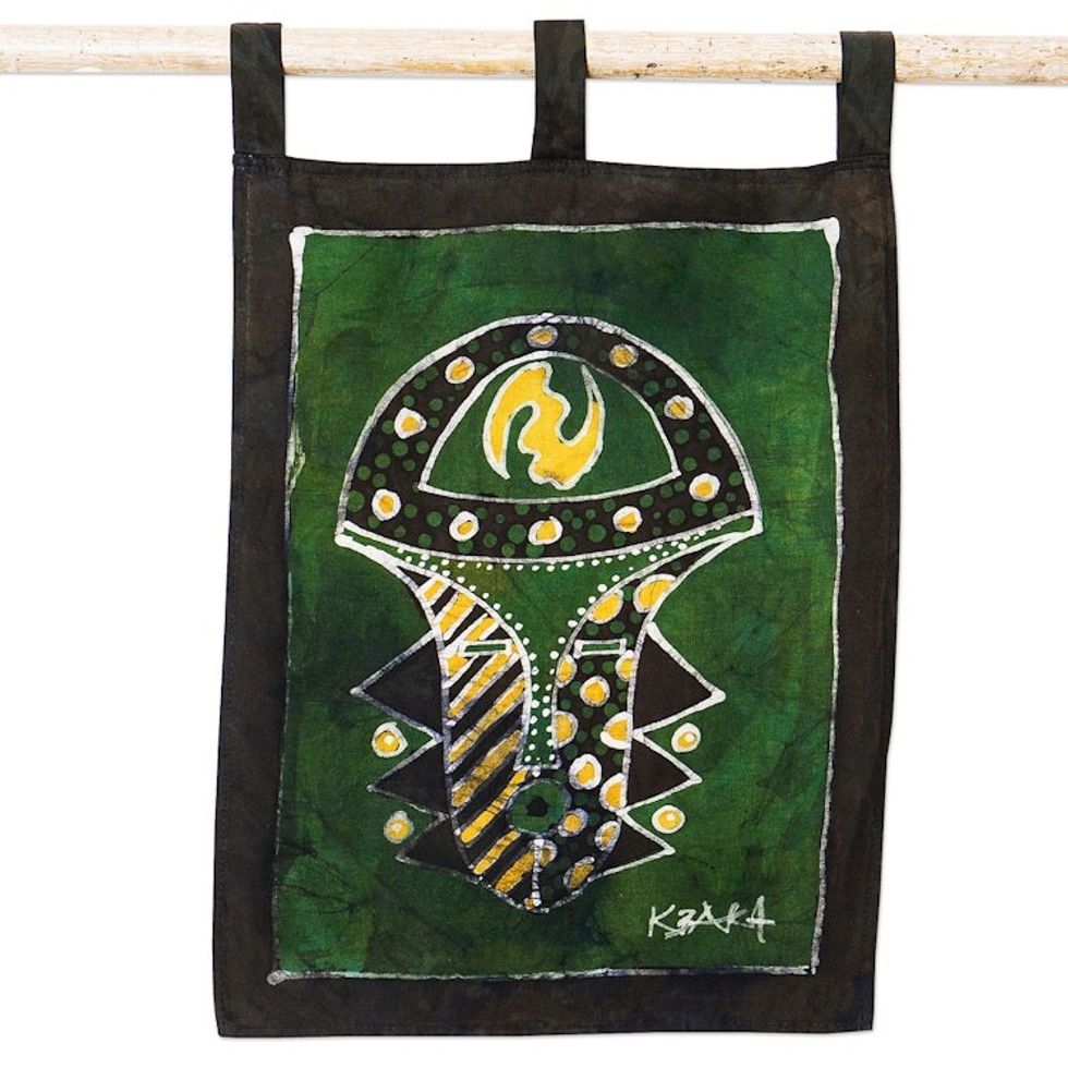 Handmade Batik Wall Hanging with Gye Nyame Symbol on A Mask 'Ghanaian Symbol'