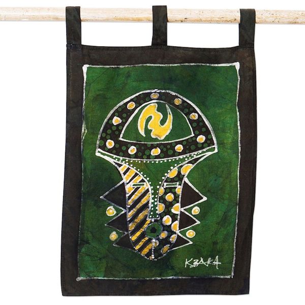 Alternate image for Handmade Batik Wall Hanging with Gye Nyame Symbol on A Mask Ghanaian Symbol