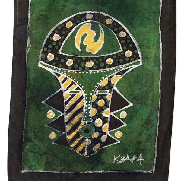 Alternate image for Handmade Batik Wall Hanging with Gye Nyame Symbol on A Mask Ghanaian Symbol
