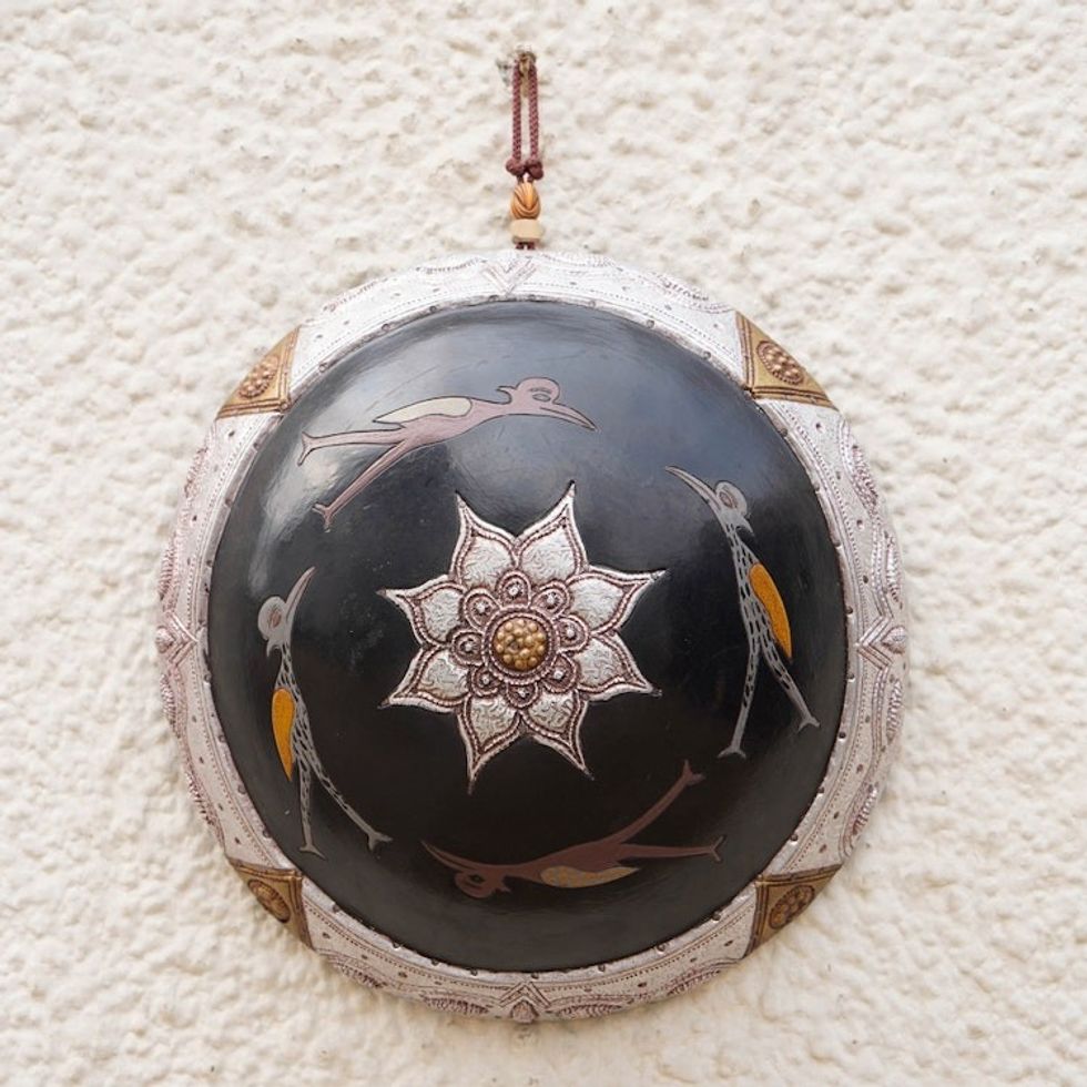 African Wood Wall Art with Embossed Aluminum Brass Accents 'Kumbu I'