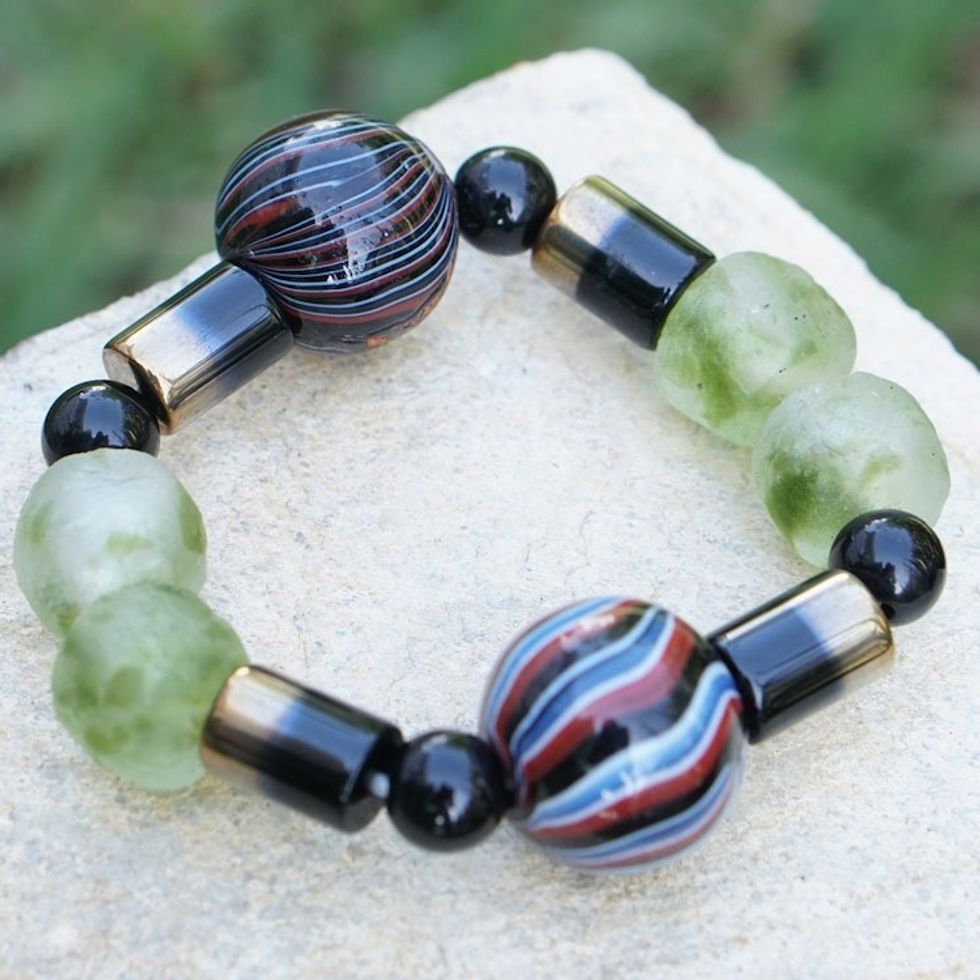 Eco-Friendly Blue and Green Recycled Glass Beaded Bracelet 'Blue Dromo'