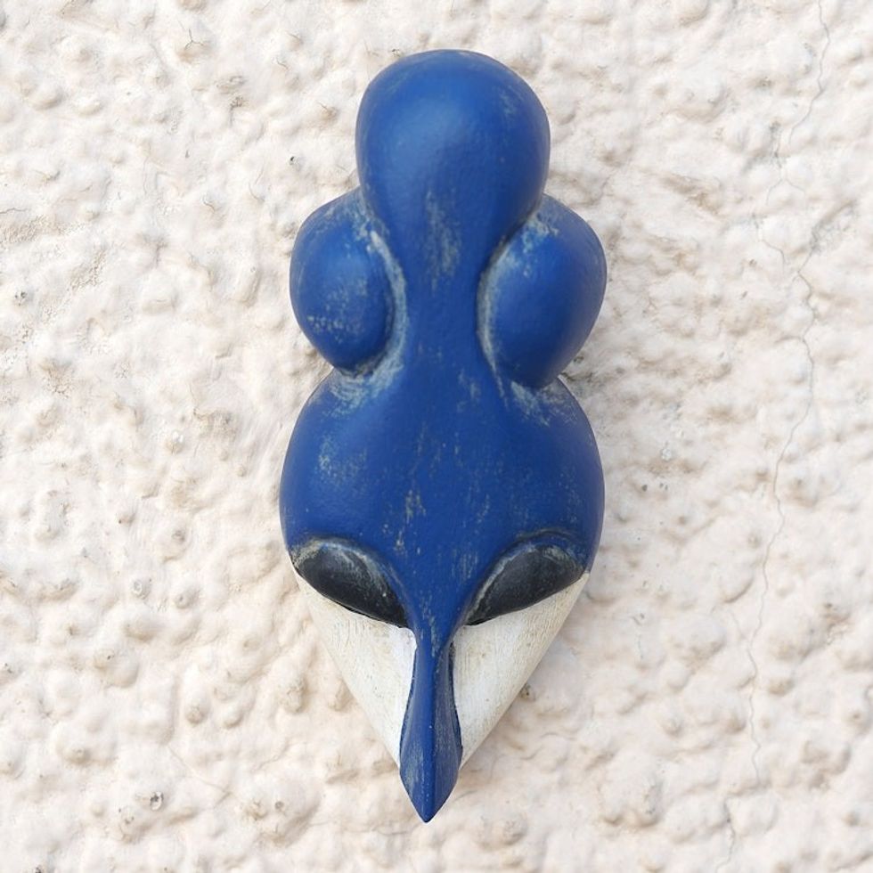 Hand-Painted Blue and White Queen Yaa Asantewaa African Mask 'Our Queen'