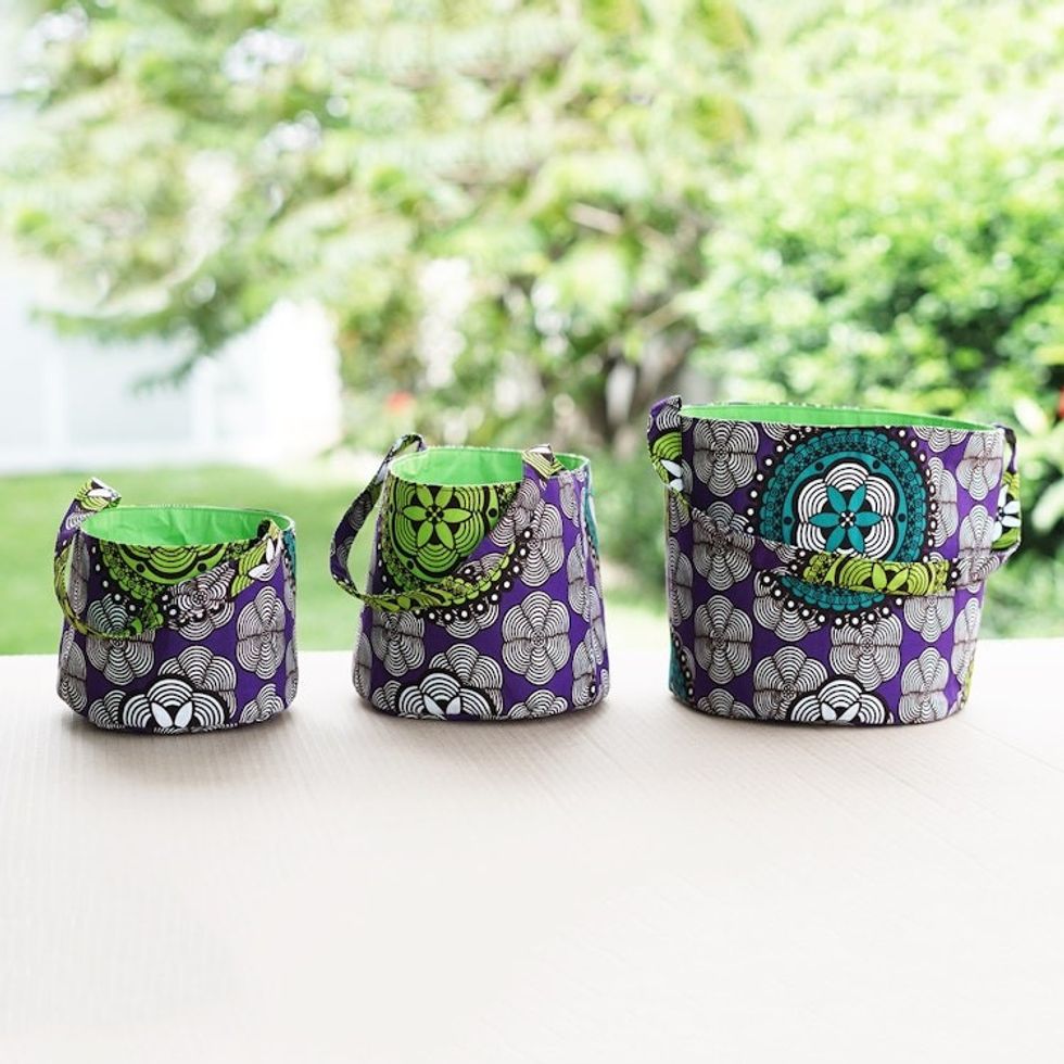 Set of 3 Cotton Baskets with Amethyst and Lime Floral Motifs 'Amethyst Spring'