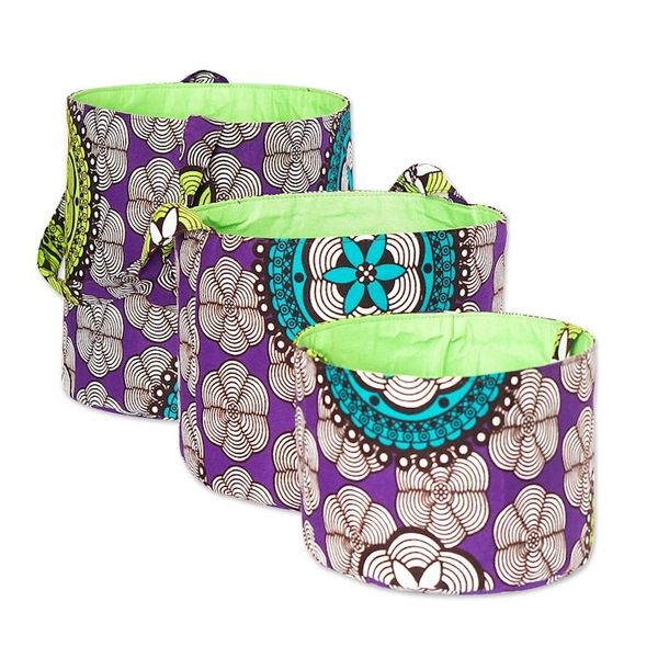 Alternate image for Set of 3 Cotton Baskets with Amethyst and Lime Floral Motifs Amethyst Spring