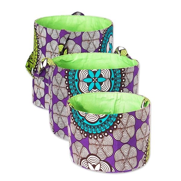 Alternate image for Set of 3 Cotton Baskets with Amethyst and Lime Floral Motifs Amethyst Spring