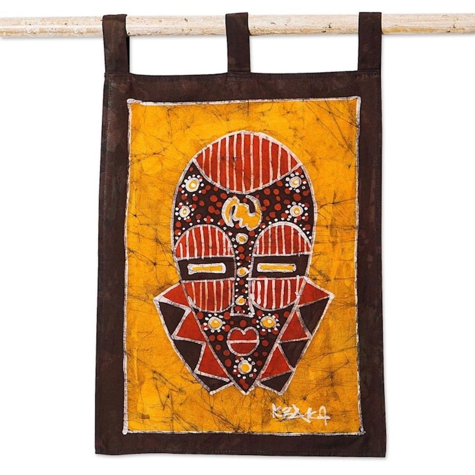 Cotton Wall Hanging of African Mask in a Warm Palette 'Golden Silence'