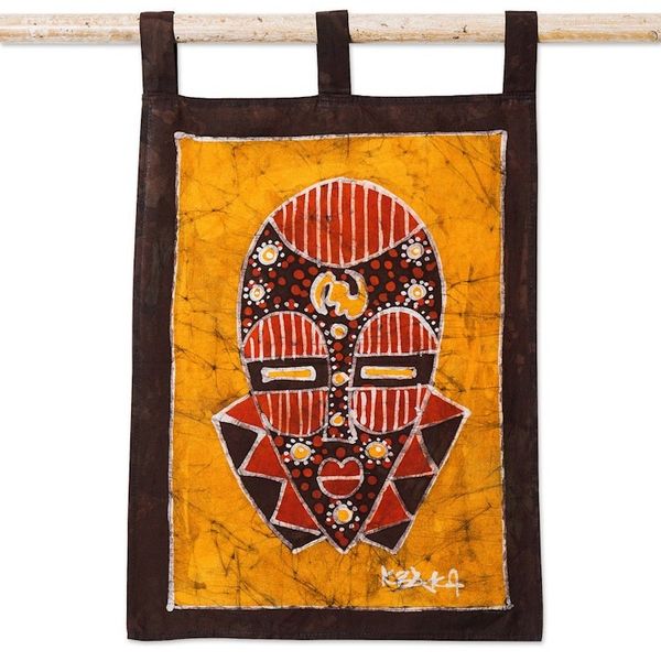 Alternate image for Cotton Wall Hanging of African Mask in a Warm Palette Golden Silence