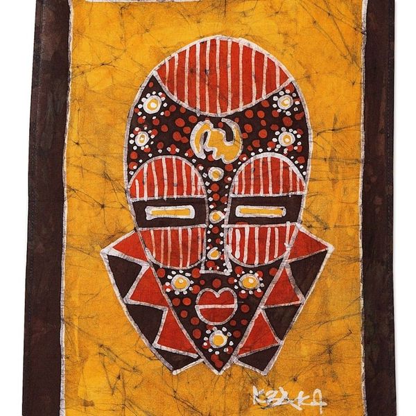 Alternate image for Cotton Wall Hanging of African Mask in a Warm Palette Golden Silence