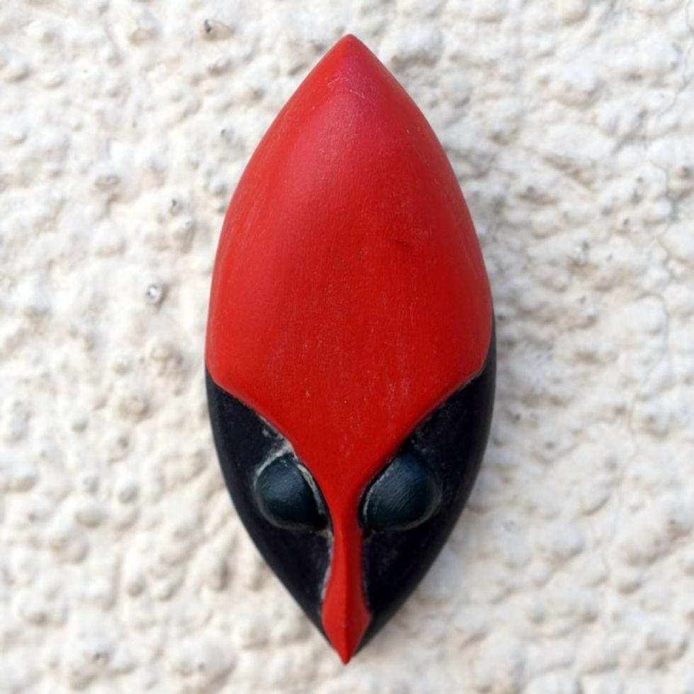 Hand-Painted Red and Black Queen Amina African Mask 'Ferocious Queen'