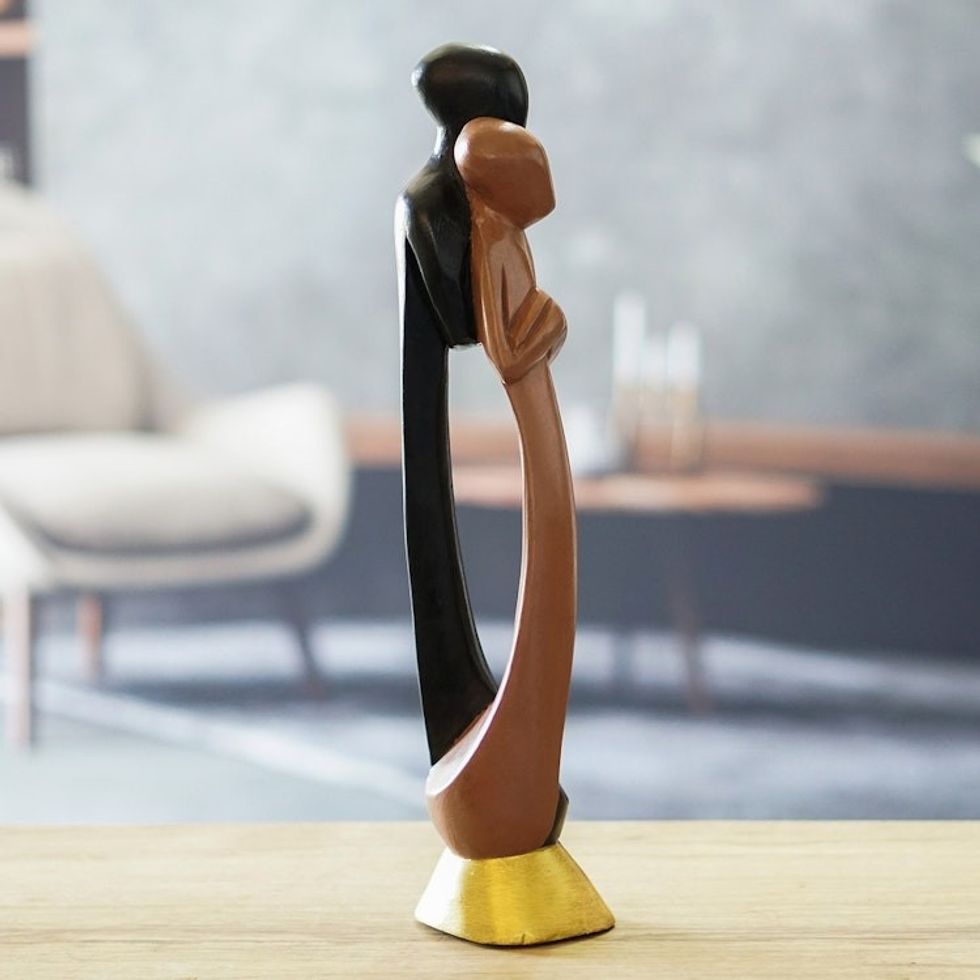 Hand-Painted Romantic Sese Wood Sculpture of Couple 'Ghanaian Lovers'