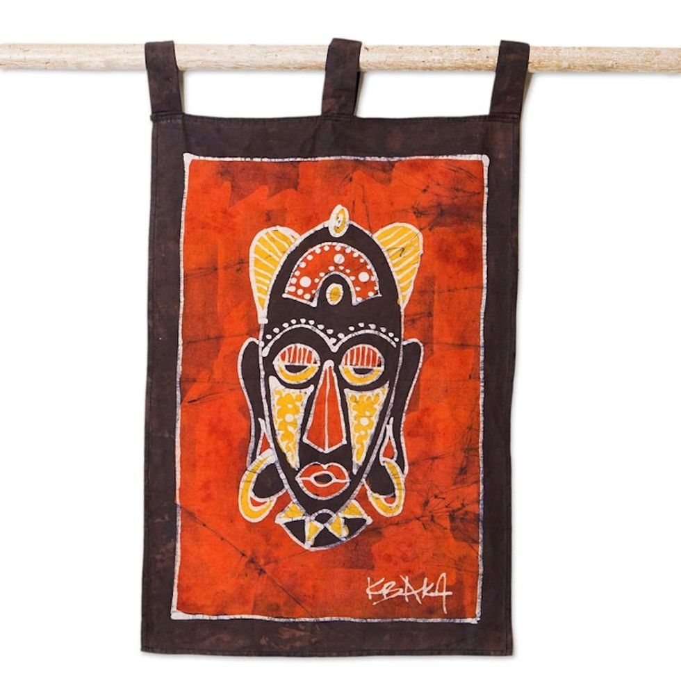 Ghanaian Hand-Painted Cotton Wall Hanging in Orange Hues 'Positive Visions'