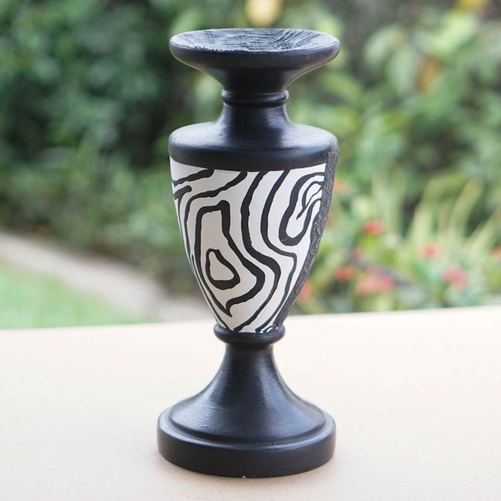 Wood Candle Holder with Embossed Aluminum Accents from Ghana 'African Wilderness'