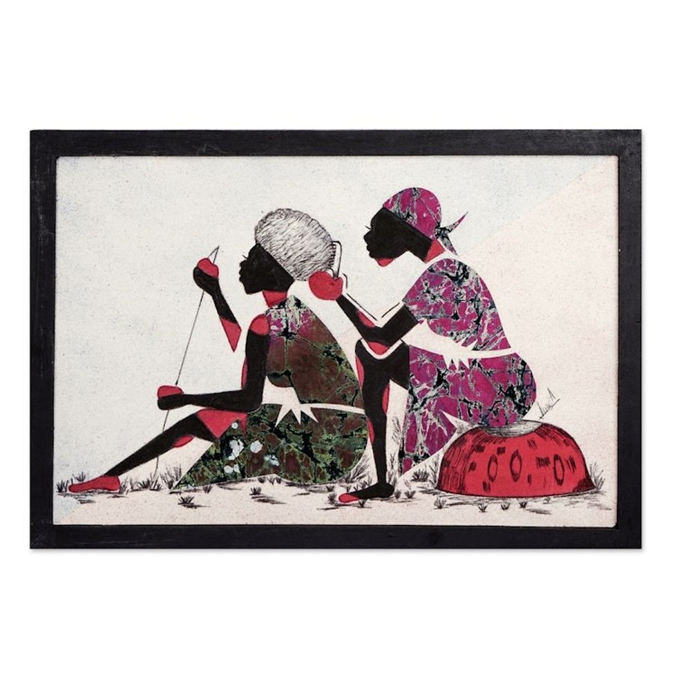 Signed and Handcrafted Cotton Batik Wall Art from Ghana 'Feminine Bonds'