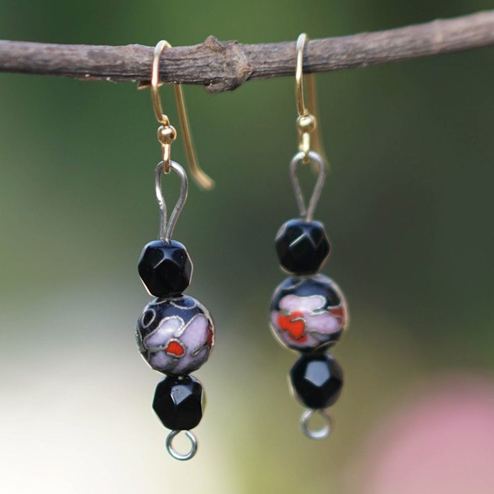 Floral Black Recycled Glass Beaded Dangle Earrings 'Charming Flora'