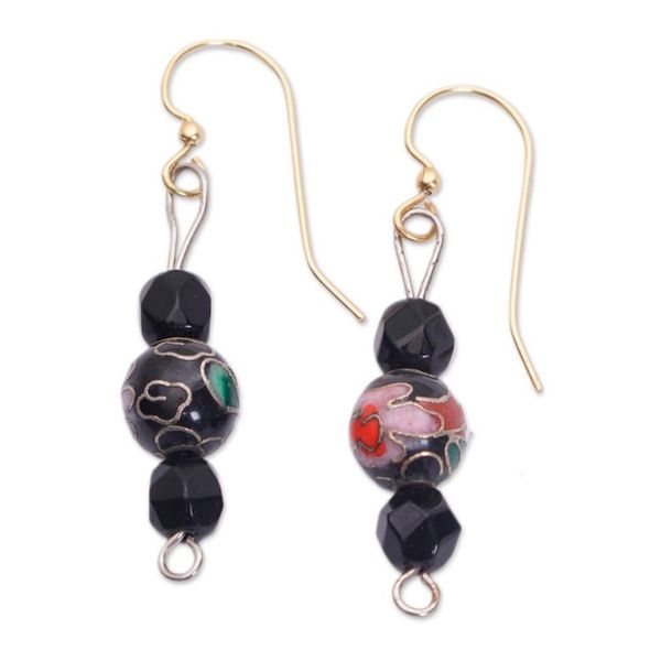 Alternate image for Floral Black Recycled Glass Beaded Dangle Earrings Charming Flora