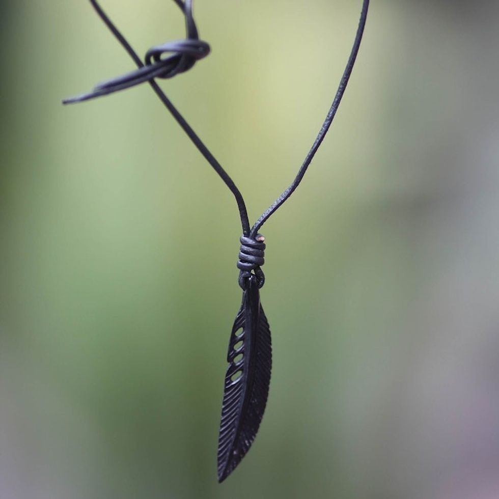 Hand Carved Horn Necklace on Leather Cords 'Crow Feather Totem'