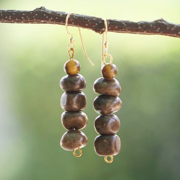 Alternate image for Natural Agate Beaded Dangle Earrings with Brass Hooks Vitality Pieces