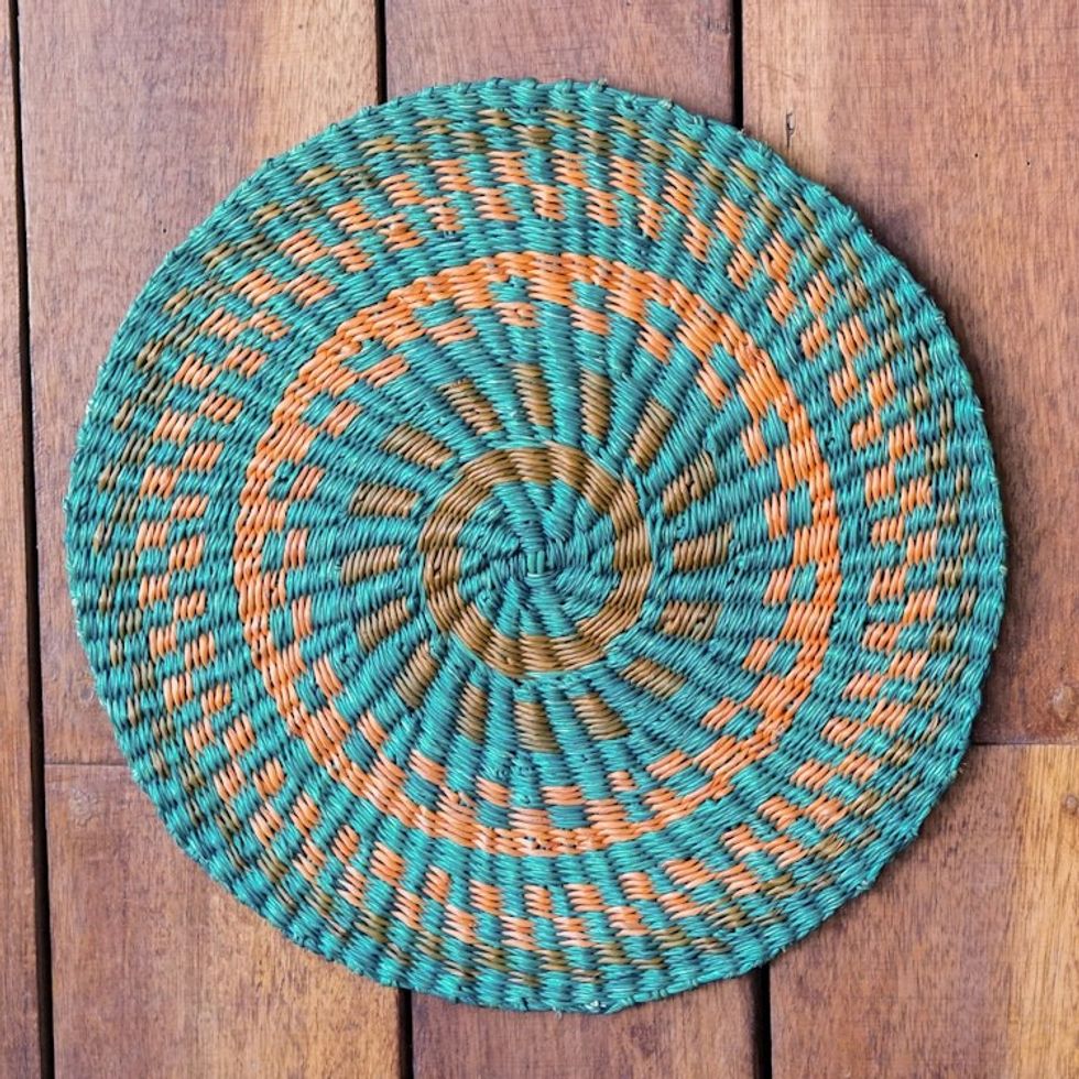 Handwoven Round Orange and Turquoise Raffia Wall Art 'Happy Nest I'