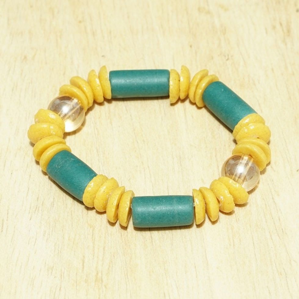 Yellow and Green Recycled Glass Beaded Stretch Bracelet 'Fresh Forest'