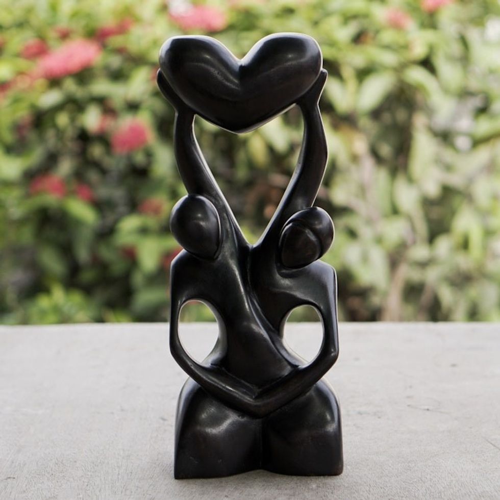 Romantic Ebony Wood Sculpture 'Lover's Heart'