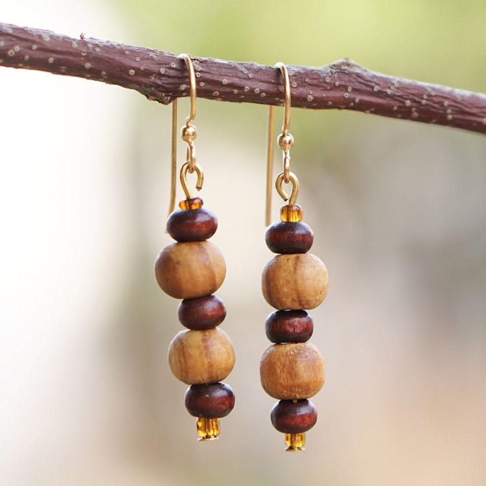 Handcrafted Sese Wood Beaded Dangle Earrings from Ghana 'Yaba'