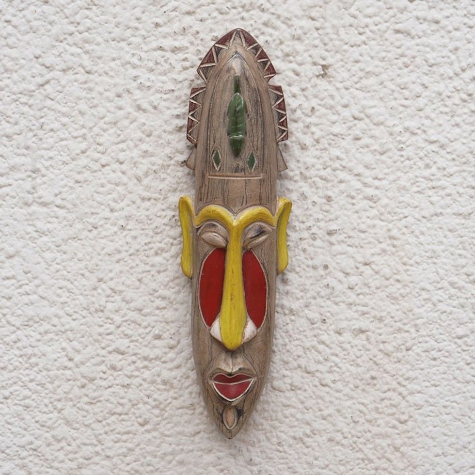 Hand-Painted Yellow and Red African Sese Wood Mask 'Faces of the Ancestors'