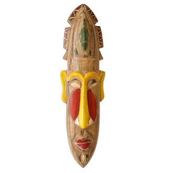 Alternate image for Hand-Painted Yellow and Red African Sese Wood Mask Faces of the Ancestors