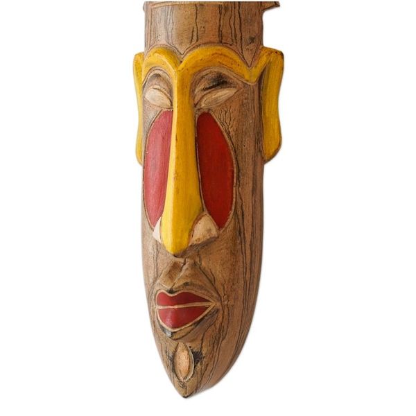 Alternate image for Hand-Painted Yellow and Red African Sese Wood Mask Faces of the Ancestors