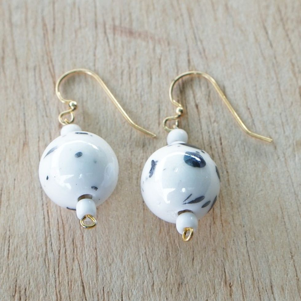 Black-Speckled White Recycled Glass Beaded Dangle Earrings 'Moon Twin'