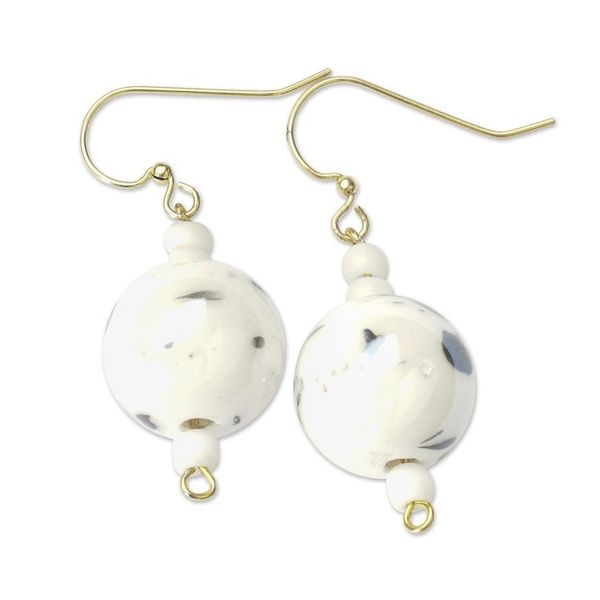 Alternate image for Black-Speckled White Recycled Glass Beaded Dangle Earrings Moon Twin