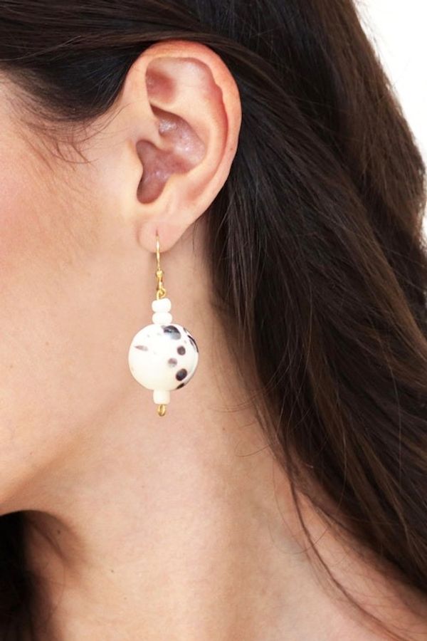 Alternate image for Black-Speckled White Recycled Glass Beaded Dangle Earrings Moon Twin