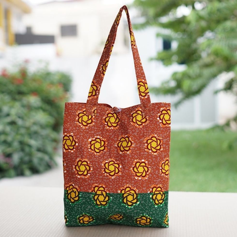 Handcrafted Floral Emerald and Marigold Cotton Tote Bag 'Spring Lady'