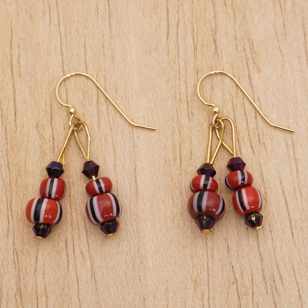 Eco-Friendly Ghanaian Recycled Glass Beaded Dangle Earrings 'Ghanaian Glam'