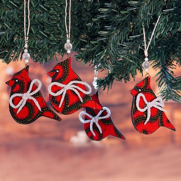 Alternate image for Set of 4 Handcrafted Red Cotton Bird Ornaments from Ghana Vibrant Birds