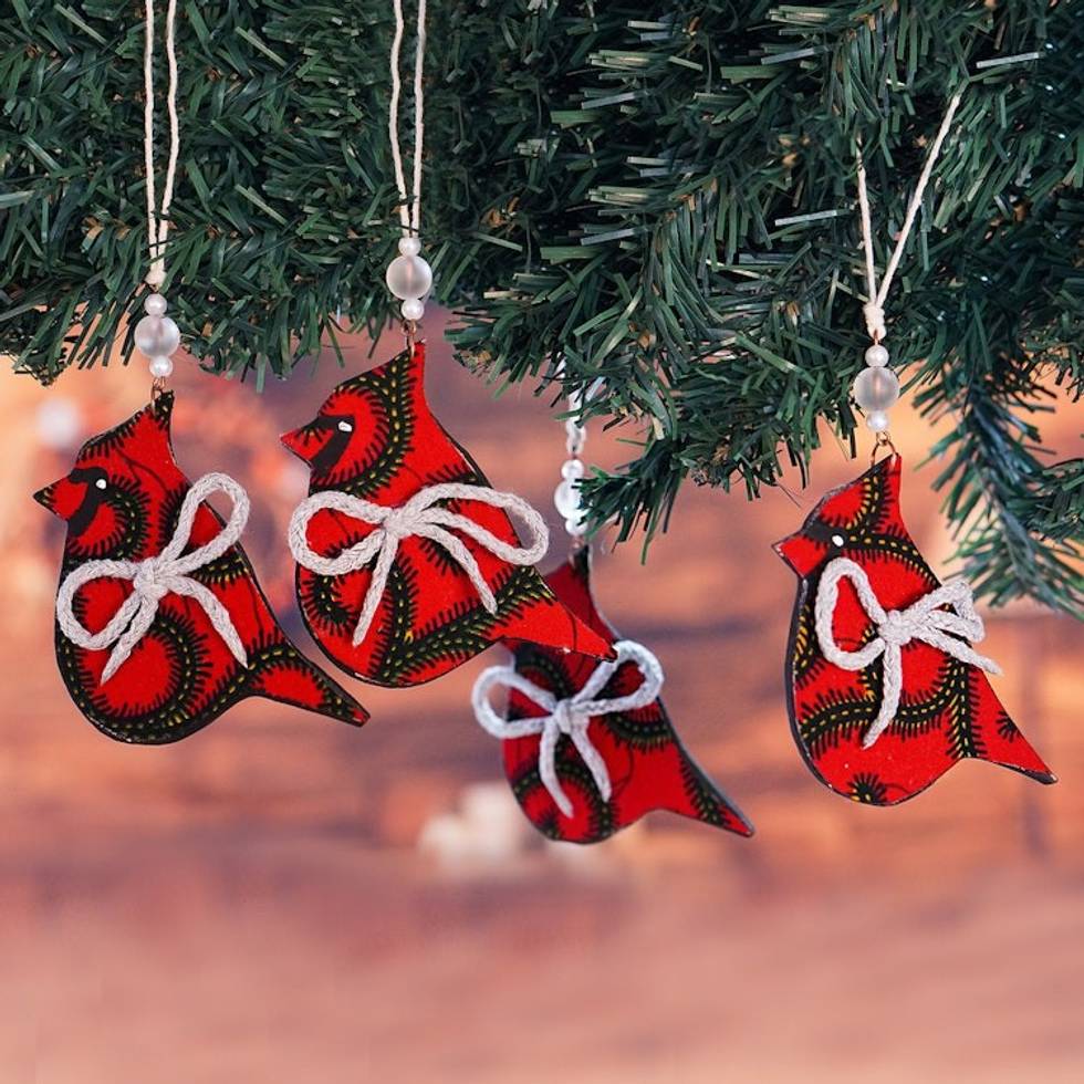 Set of 4 Handcrafted Red Cotton Bird Ornaments from Ghana 'Vibrant Birds'
