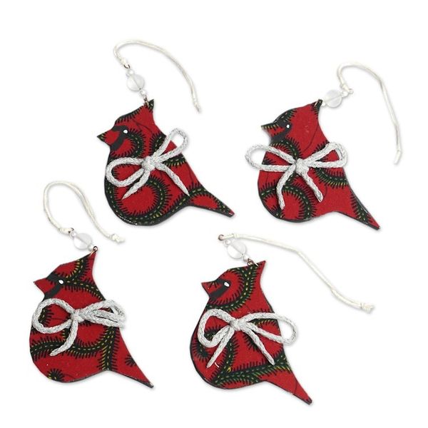 Alternate image for Set of 4 Handcrafted Red Cotton Bird Ornaments from Ghana Vibrant Birds