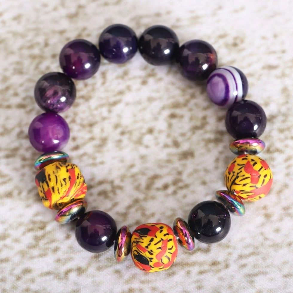 Purple Recycled Glass Beaded Stretch Bracelet from Ghana 'Party at Twilight'