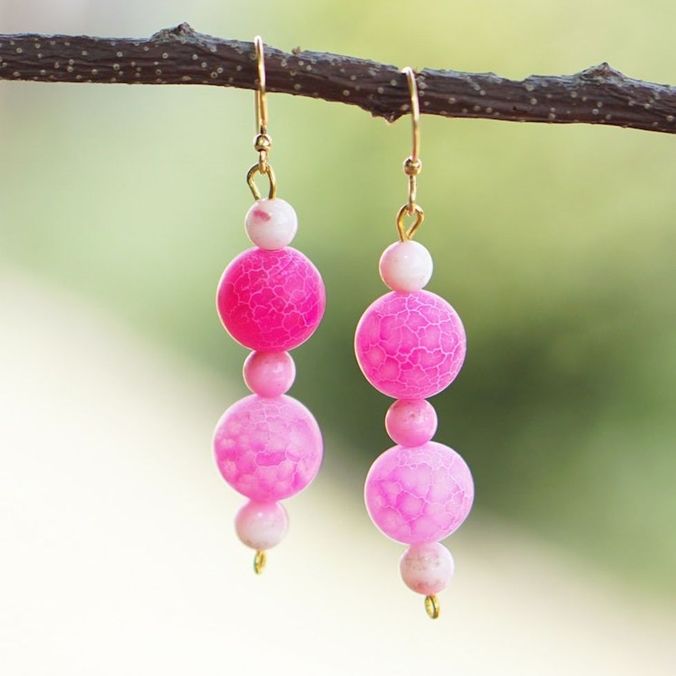 Modern Pink Agate Beaded Dangle Earrings with Brass Hooks 'Pink Universe'