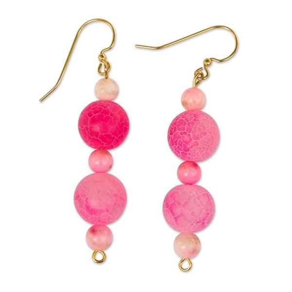 Alternate image for Modern Pink Agate Beaded Dangle Earrings with Brass Hooks Pink Universe