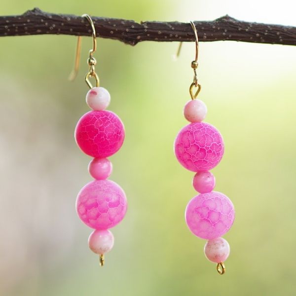 Alternate image for Modern Pink Agate Beaded Dangle Earrings with Brass Hooks Pink Universe