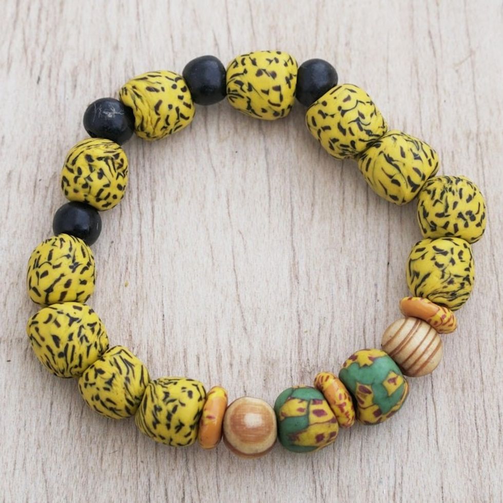 Wood Bead and Recycled Glass Bracelet 'The Only One'