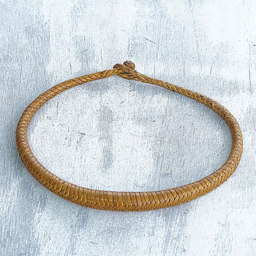 Handcrafted Braided Leather Necklace in Yellow from Ghana 'Mpusia in Yellow'