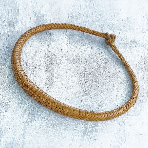 Alternate image for Handcrafted Braided Leather Necklace in Yellow from Ghana Mpusia in Yellow