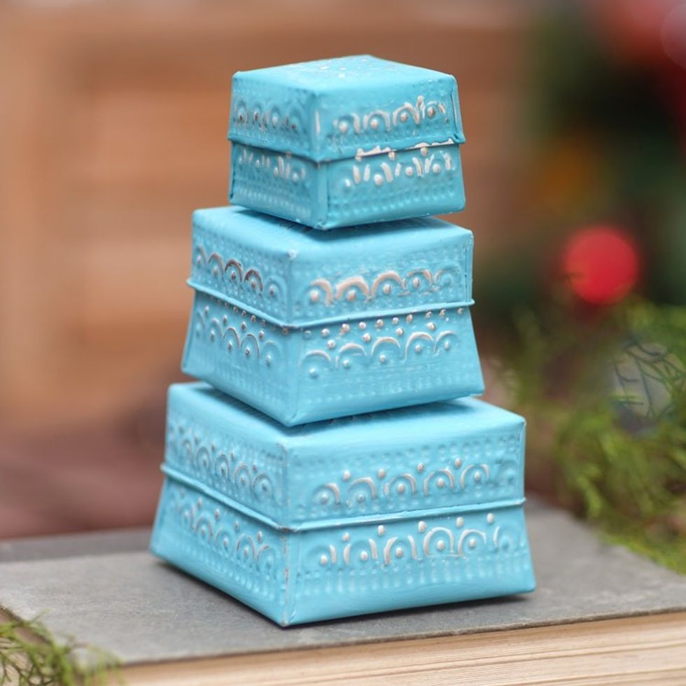 Set of 3 Decorative Aluminum Boxes in a Blue Shade 'Shimmering Blue'