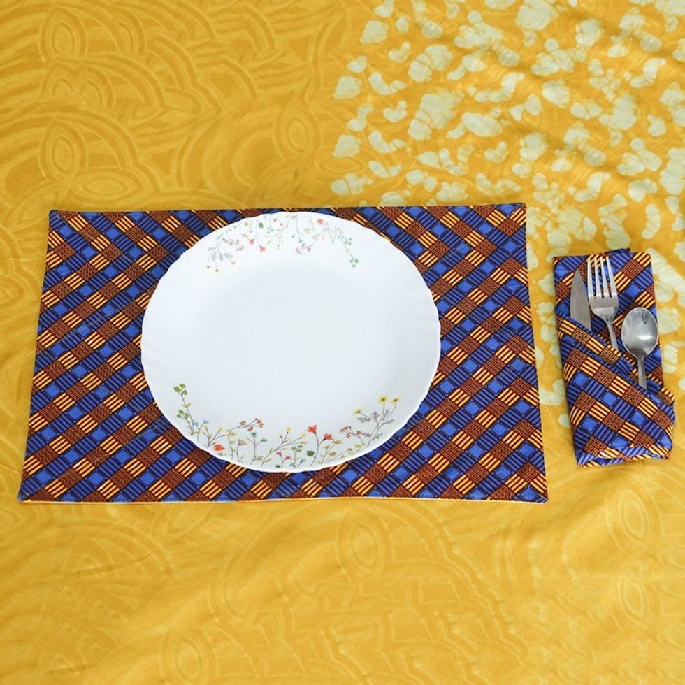 Chevron-Patterned 12-Piece Cotton Placemat and Napkin Set 'Saffron Grace'