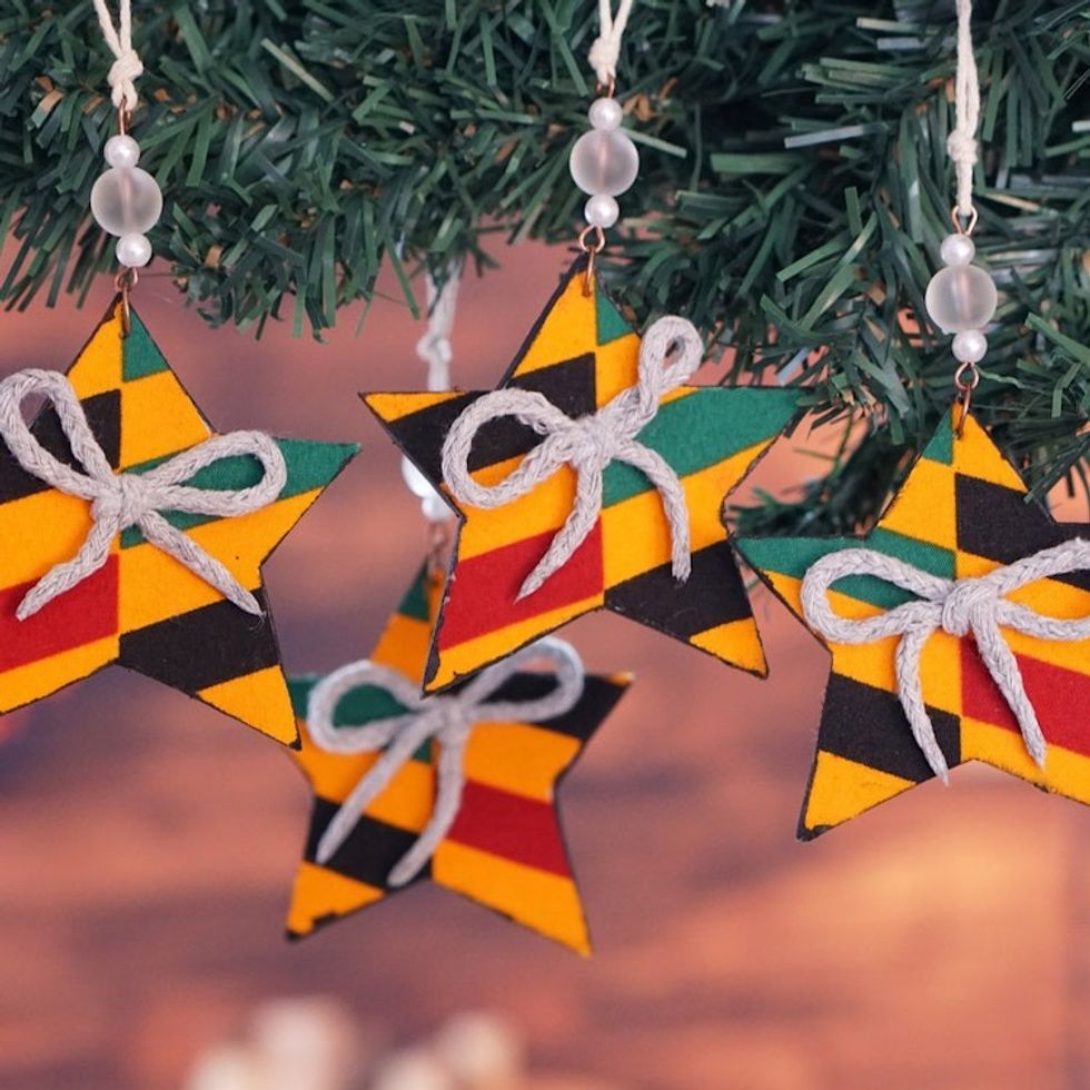 Set of 4 Handcrafted Colorful Cotton Star Ornaments 'Constellation Festival'